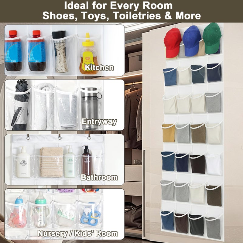 Bofoho Over The Door Shoe Organizer with 24 Clear Pockets and Metal Hooks â€“ Heavy Duty Hanging Shoe Storage Rack for Closet, Bathroom, Dorm â€“ Space Saving Organizer for Shoes, Accessories, Toys (White) - Image 3